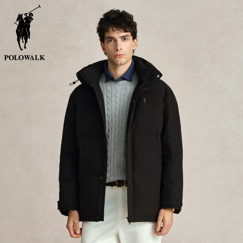 Polowalk Men's Pure Color Casual Hooded down Jacket Paul's New Autumn and Winter Mid-Length Warm Duck down Jacket