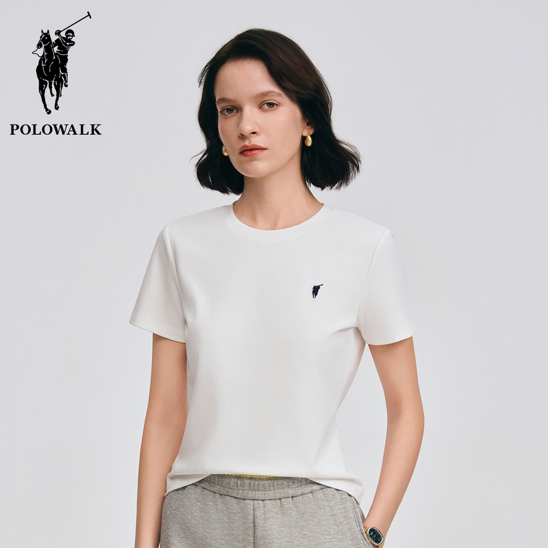 Polowalk Small Logo Embroidered Solid Color Round Neck Short-Sleeve T-Shirt for Women, Paul Summer Classic Casual Regular Shoulder Top Polowalk Small Logo Embroidered Solid Color Round Neck Short-Sleeve T-Shirt for Women, Paul Summer Classic Casual Regular Shoulder Top