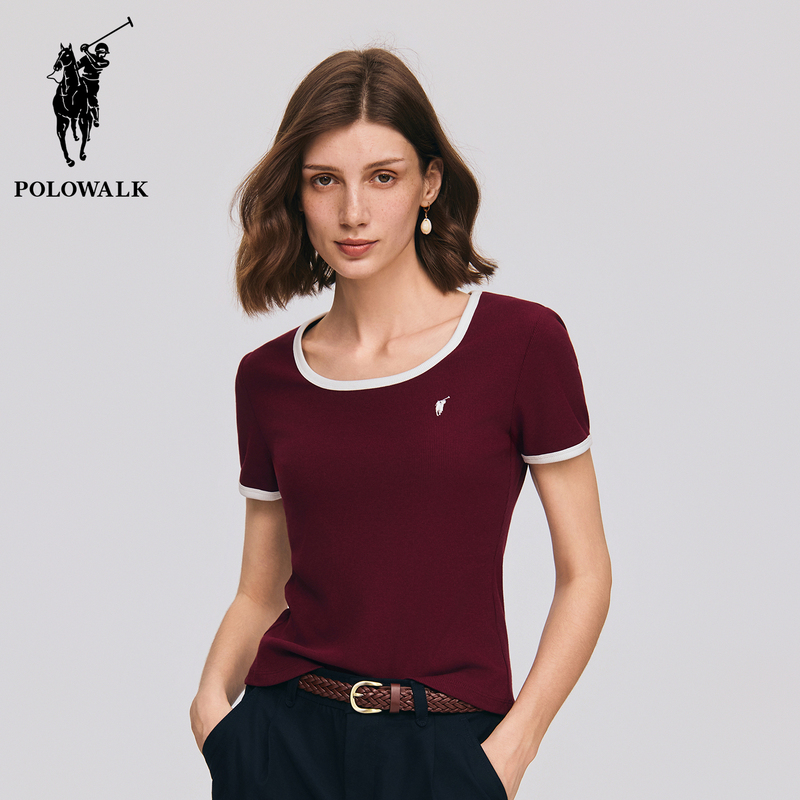 Polowalk Women's Burgundy Casual Short-Sleeve T-Shirt 2026 Summer New Slim-Fit Color-Block U-Neck Top Trendy Polowalk Women's Burgundy Casual Short-Sleeve T-Shirt 2026 Summer New Slim-Fit Color-Block U-Neck Top Trendy