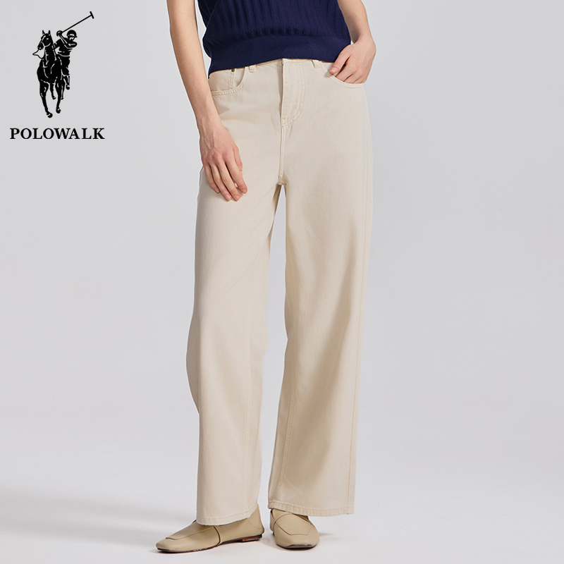 Polowalk Classic High-Waisted Slimming Women's Straight Wide-Leg Pants 2025 Spring Retro Washed Beige Jeans