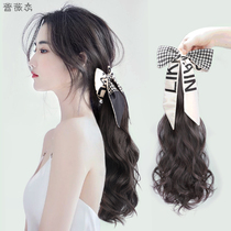 Pony-tailed wig female hair with braids French Net red silk scarf strap micro-roll natural simulation hair ribbon fake ponytail