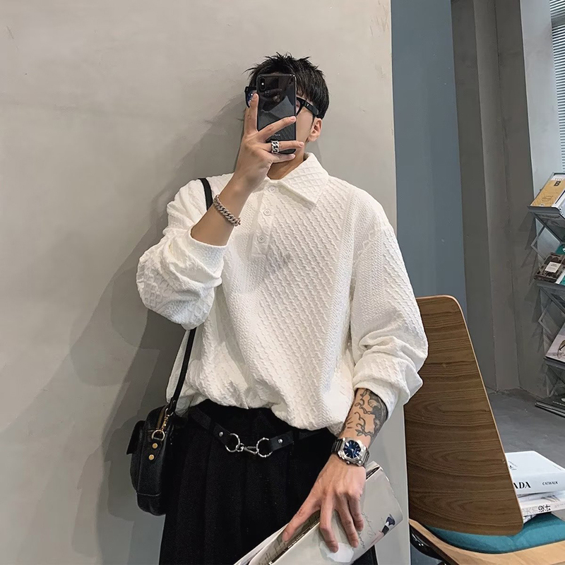 Japanese City Boy Waffle Polo Shirt for Men, High-End Loose-Fitting Collared T-Shirt, Chanel-Style Vintage Pullover Sweatshirt Japanese City Boy Waffle Polo Shirt for Men, High-End Loose-Fitting Collared T-Shirt, Chanel-Style Vintage Pullover Sweatshirt