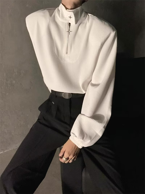 Stand Collar Half-Zip T-Shirt for Men, Trendy American Retro Waffle Knit Sweatshirt, Niche Design with Shoulder Pads, Half-High Collar Jacket