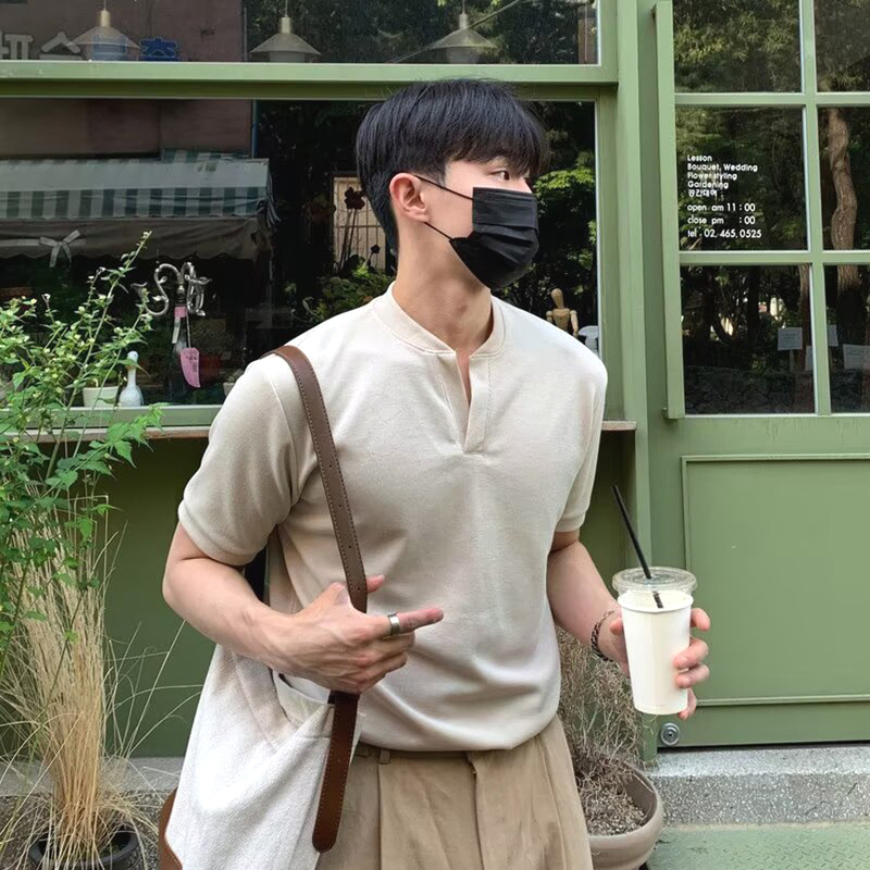 Korean Style Layered V-Neck Tight-Sleeved Polo Shirt for Men, Cotton Breathable Short-Sleeved Henley Collar T-Shirt, American Casual Workwear Henley Shirt Korean Style Layered V-Neck Tight-Sleeved Polo Shirt for Men, Cotton Breathable Short-Sleeved Henley Collar T-Shirt, American Casual Workwear Henley Shirt