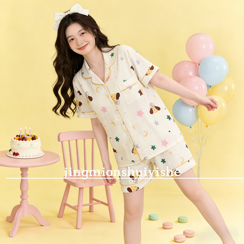Cute Cartoon Print Plus-Size Pajamas for Women, Cloud Cotton Summer Shirt with Collar, Can Be Worn Outside, Loungewear with Turn-Down Collar Set