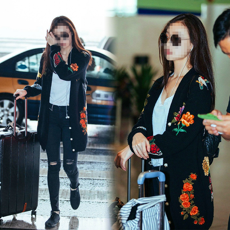 2021 autumn winter new Ni Ni stars in the same style embroidery medium long version of lean cardiovert sweater jacket Han version 100 hitch