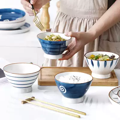 Japanese-style Qing Kiln ceramic noodle bowl Salad rice bowl high-legged dessert bowl dinner home creative hand-painted underglaze color