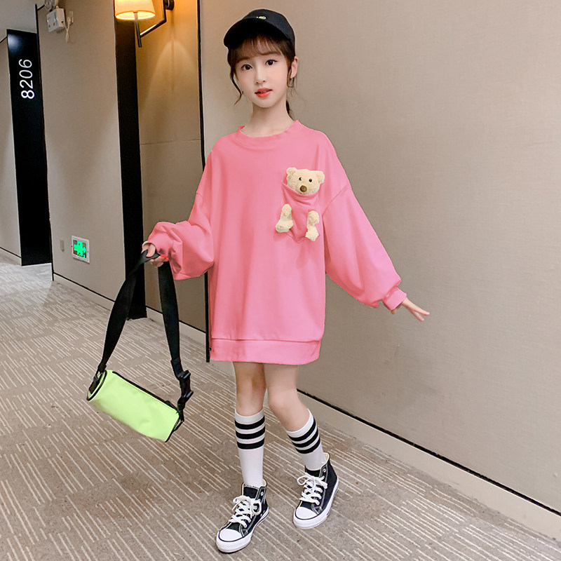 Girls' mid-length sweater bottoming shirt autumn clothes children's fat spring and autumn girls sweater skirt large size clothes loose and thin