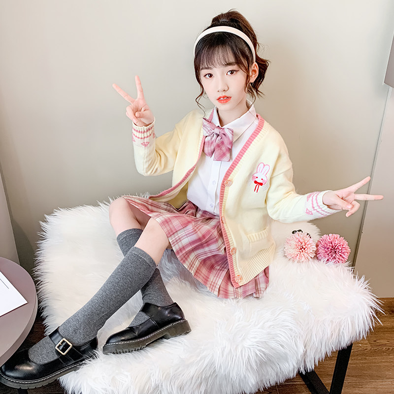 jk uniform girls autumn three-piece children's sweater cardigan coat children's clothing girls autumn suit skirt college style