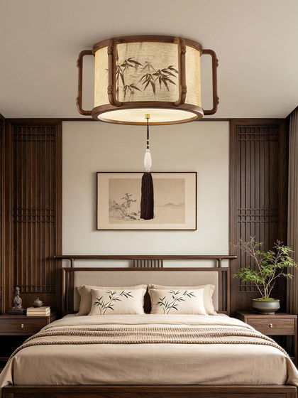 North American Black Walnut Solid Wood Linen Fabric Lampshade with Painted Bamboo Leaves, Dining Room Chandelier, Dining Table Lamp, Bedroom Tea Room Lamp