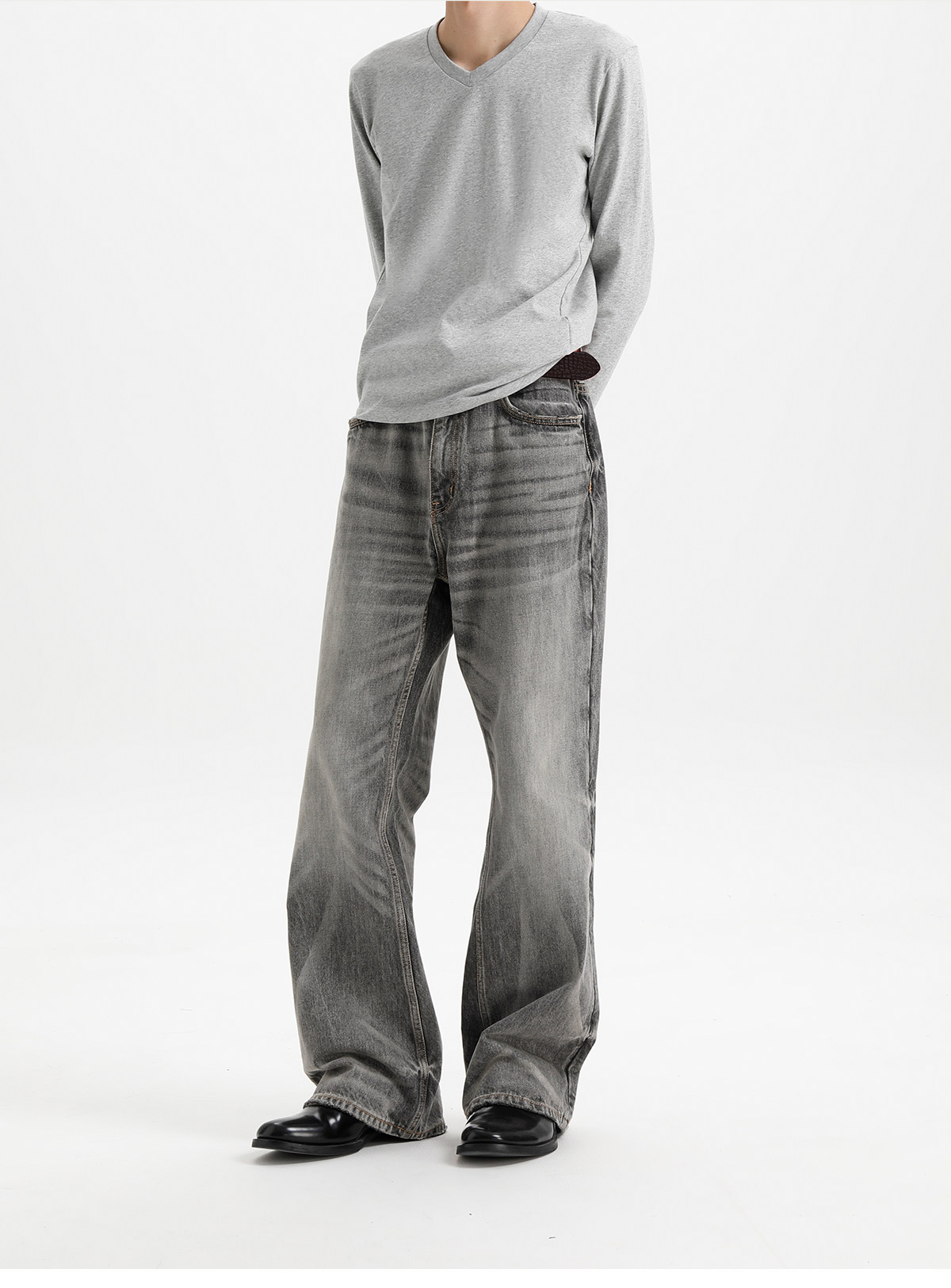 PLUS NO LOGO Linen-Feel V-Neck Slim-Fit Long Sleeve Tee
