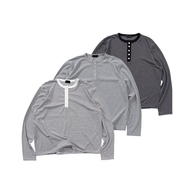 〔 Plus No Logo 〕25Aw Cool Cotton Henley Collar/Round Neck Striped Long Sleeve T-Shirt Casual Retro Base Layer