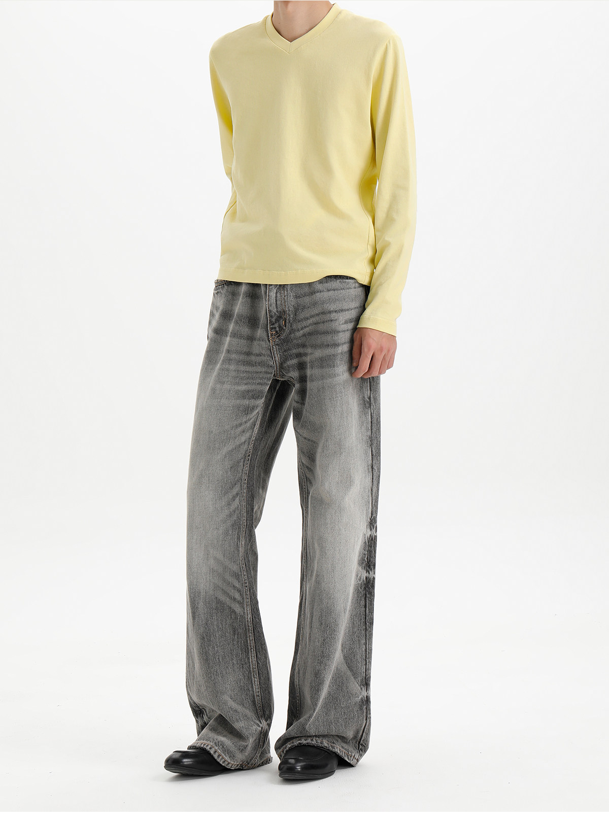 PLUS NO LOGO Linen-Feel V-Neck Slim-Fit Long Sleeve Tee