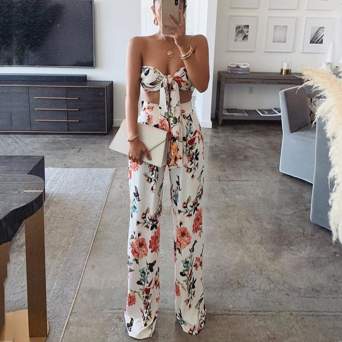 Sexy printed lace-up tube top and trousers two-piece suitwomen