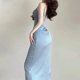 Slit Temperament Long Sexy Blue Satin Suspender Dress 2022 New Women's Summer Slim Slim Dress