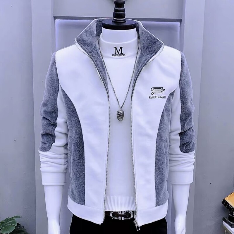 Color-Blocked Jacket for Men with Stand Collar, Korean Style Trendy Cool Men's Jacket, Winter Fashion Stylish Fleece-Lined Thickened Jacket Color-Blocked Jacket for Men with Stand Collar, Korean Style Trendy Cool Men's Jacket, Winter Fashion Stylish Fleece-Lined Thickened Jacket