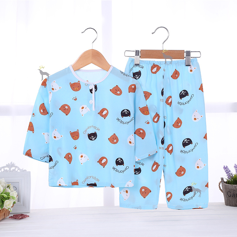 Summer childrens bộ đồ ngủ bằng lụa mỏng trai và bé gái máy lạnh phù hợp với bé mùa xuân mùa hè cotton lụa dài tay áo detat bộ.