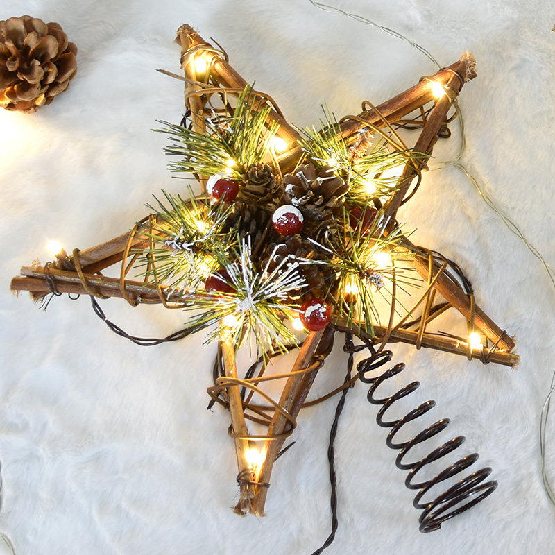 Christmas Tree Top Trim Supplies Wooden Pentagram Pine Fruit Tree Top Star Swing Trim LED Battery Case Stars Pendulum