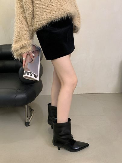 Женские короткие сапоги в европейском и американском стиле с широким голенищем, минималистичные, на среднем каблуке, с низким каблуком, в стиле ретро, с широким голенищем, облегающие сапоги-шпильки.