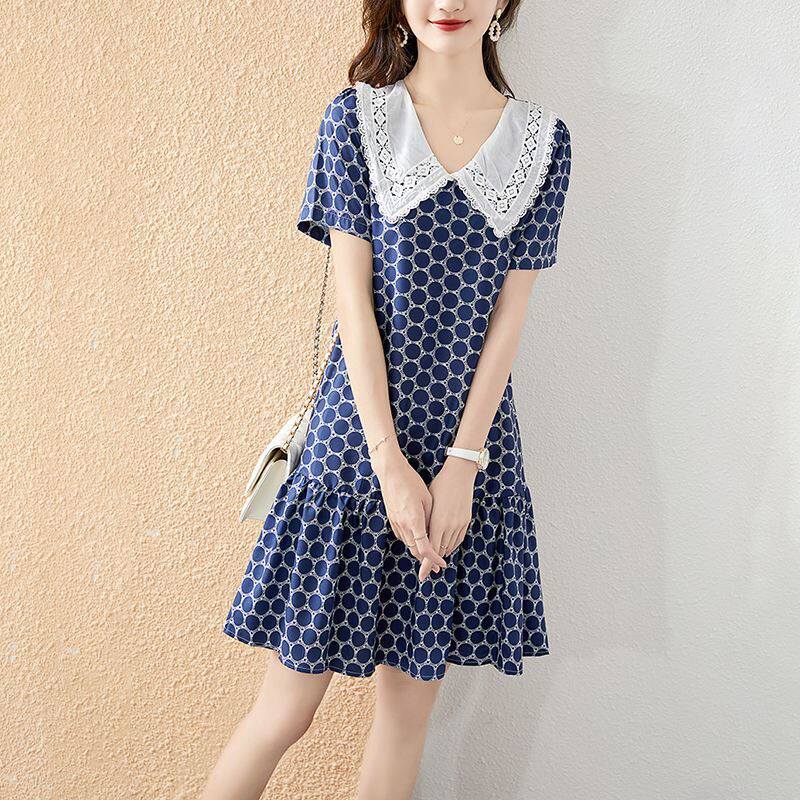 In the summer of 2021, the new women's doll collar skirt wave point lace stitching fishtail short sleeve dress medium and long version