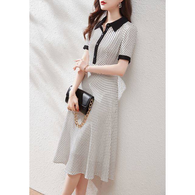 (New in Summer 2021) Women's Gentle and Elegant Temperament Fashion Waist Skinny Wave Dot Dress (15