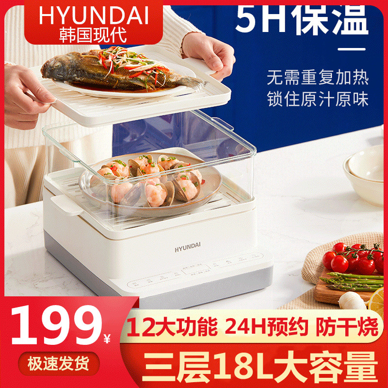HYUNDAI Korea Modern electric steamer Home Multi-function three-layer 18L Large capacity Vapor Boiler Steam Box Electric Steam Cage