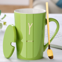 Creative personality ceramic mug with lid spoon drinking cup Trend couple men and women household milk coffee tea cup