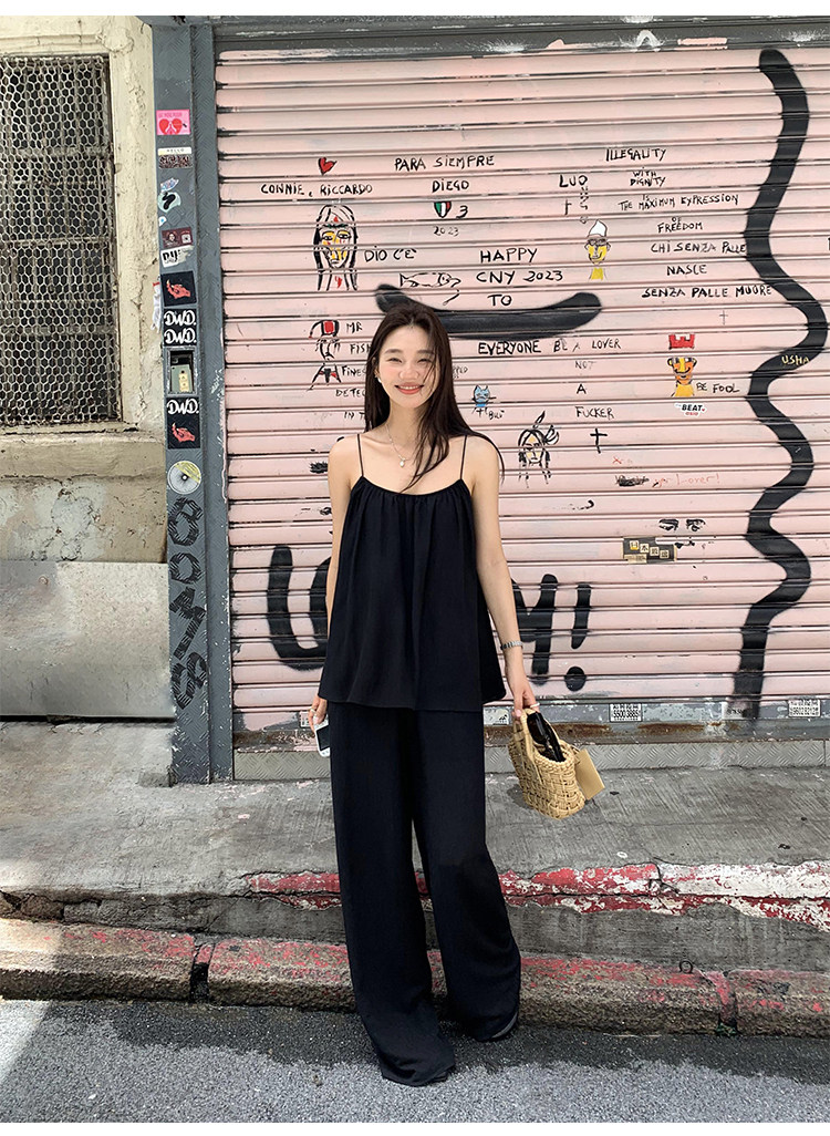 Топы/майки pusumede 黑色吊带背心女夏外穿宽松露背小衫设计感小众无袖上衣