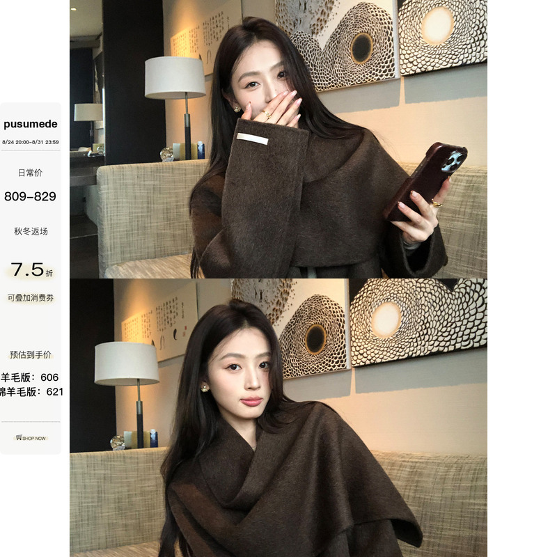 Pusumede Warm Winter Sheep Wool Double-Sided Woolen Coat Women's Elegant Scarf Shawl Woolen Jacket