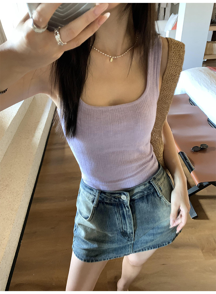 Топы/майки pusumede法式气质方领吊带背心女夏季遮副乳修身显瘦坎肩无袖上衣