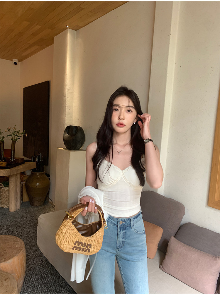 Топы/майки pusumede 【现货7.5折】杏色蕾丝花边带胸垫吊带背心女上衣
