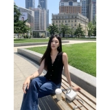 pusumede Черный жилет, дизайнерская майка топ, кружевная трикотажная футболка без рукавов, V-образный вырез, в стиле Шанель, тренд сезона, кружевное платье