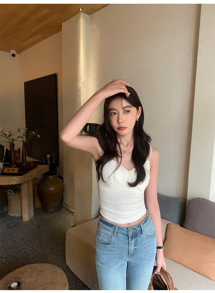 Топы/майки pusumede 【现货7.5折】杏色蕾丝花边带胸垫吊带背心女上衣