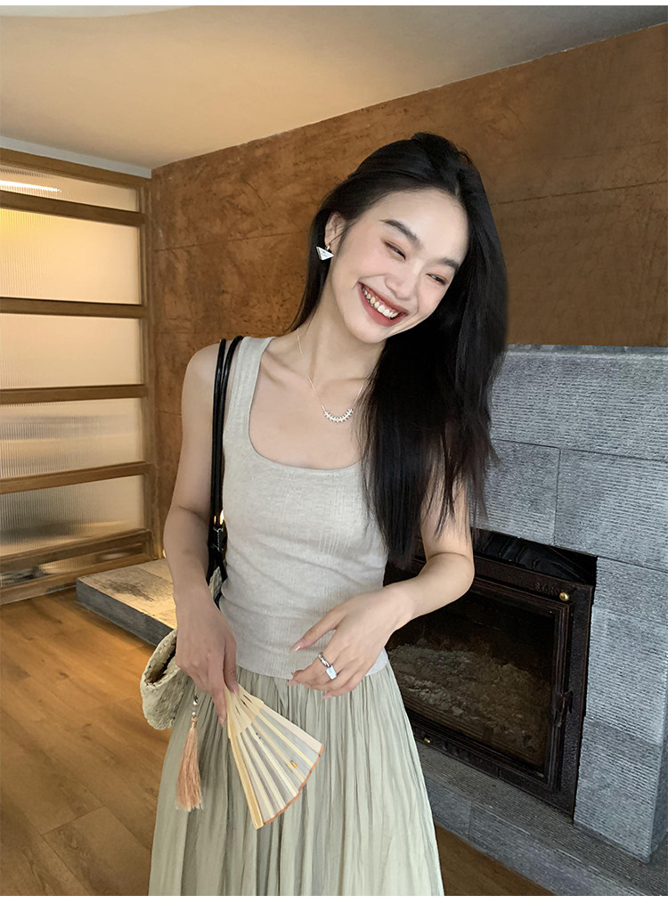 Топы/майки pusumede法式气质方领吊带背心女夏季遮副乳修身显瘦坎肩无袖上衣