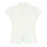 pusumede Дизайнерская короткая рубашка, китайский стиль, рукава фонарики, тренд сезона