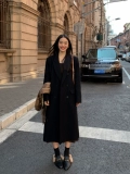 pusumede Черное демисезонное шерстяное пальто, длинная шерстяная куртка, средней длины, премиум класс, яркий броский стиль, свободный крой