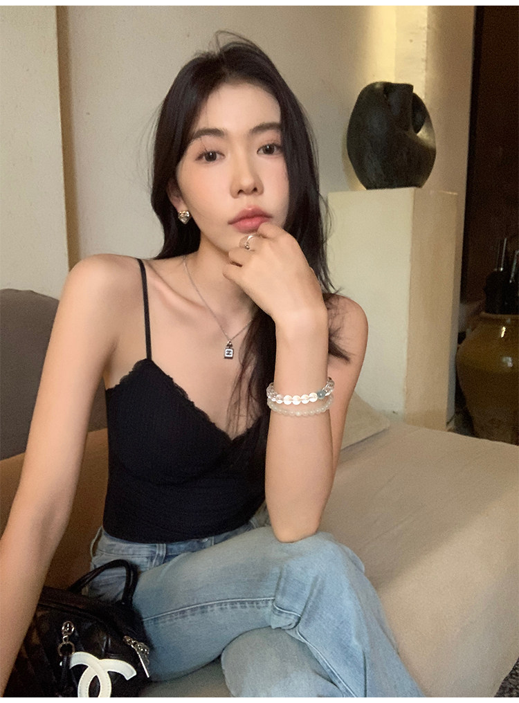 Топы/майки pusumede 【现货7.5折】杏色蕾丝花边带胸垫吊带背心女上衣
