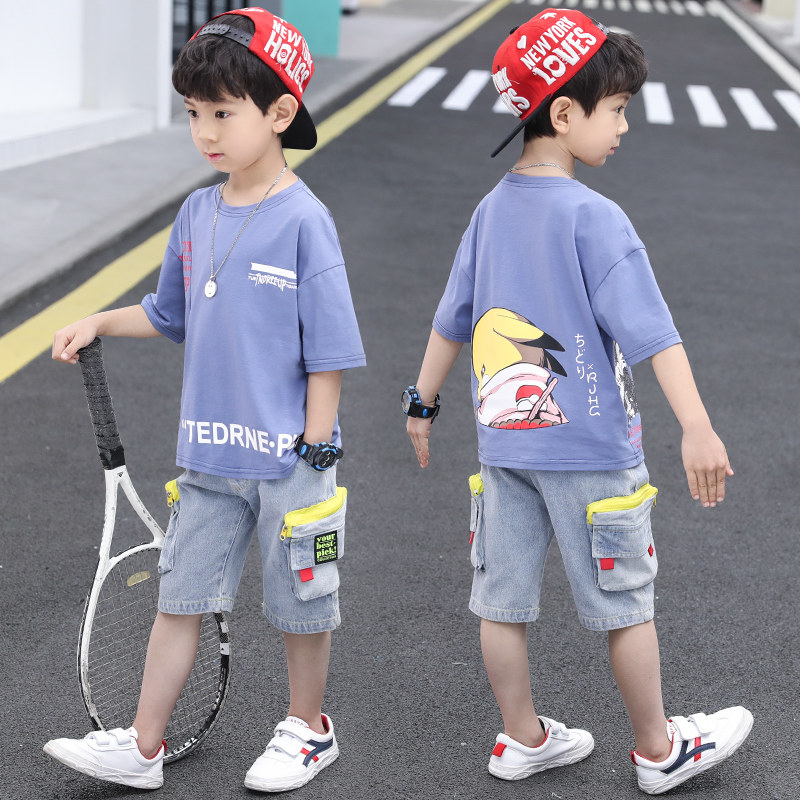 Boys summer suits 2021 new middle and big children's fashion cartoon short-sleeved two-piece trend Korean version boys