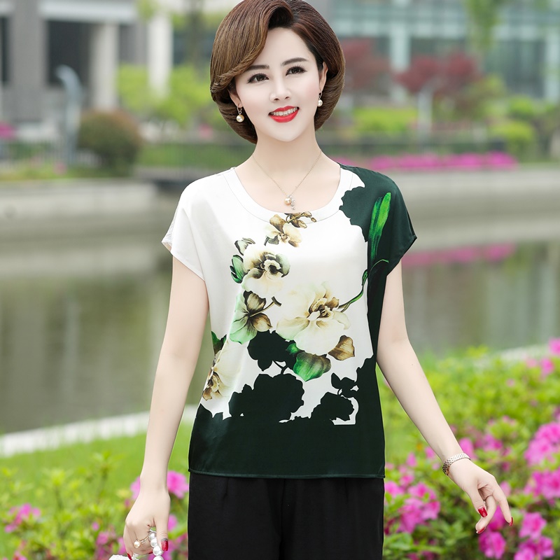 Hangzhou true silk fragrant cloud yarn blouse ladies short sleeve T-shirt middle-aged and older women's clothing Mama summer clothes loose mulberry silk thin t