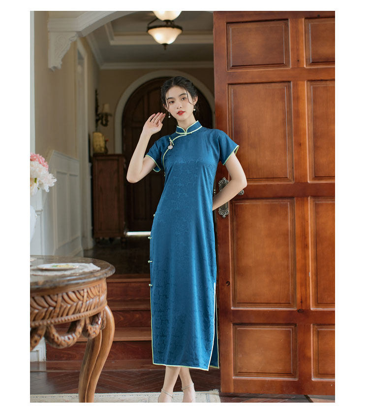 サファイア ブルー青秦フル フォールド サテン裾古代チャイナ レトロ