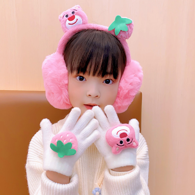 小さな女の子向けのかわいい漫画柄のイヤーマフ、ぬいぐるみ素材、折りたたみ式、イヤーウォーマー、そして秋と冬用の防寒手袋。