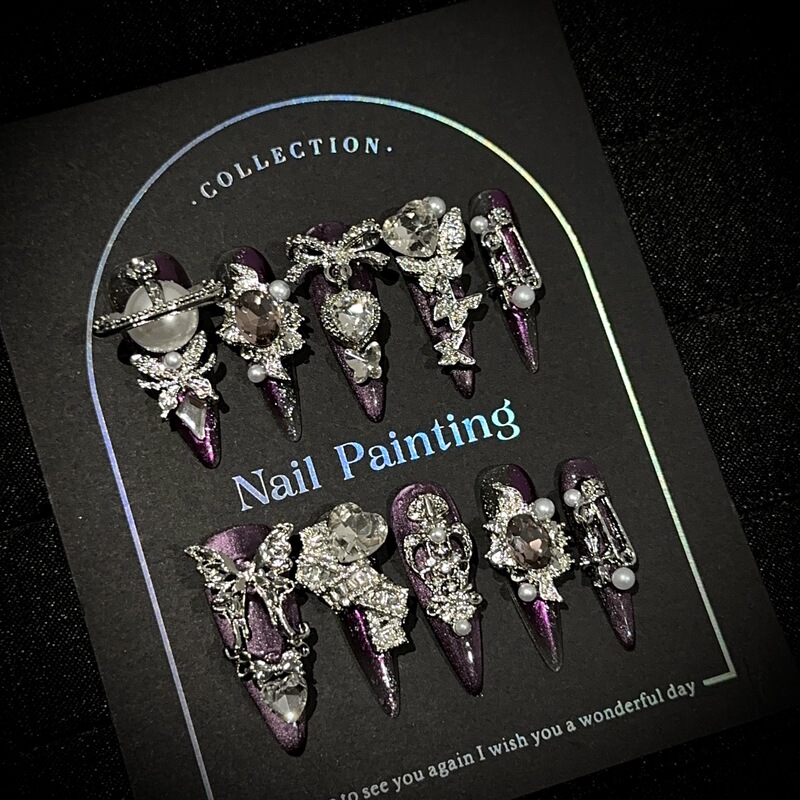 Dark Gothic Style Heavy-Duty High-End Cool Purple Cat Eye Long Pointed Nail Tips European and American Fake Nail Patches