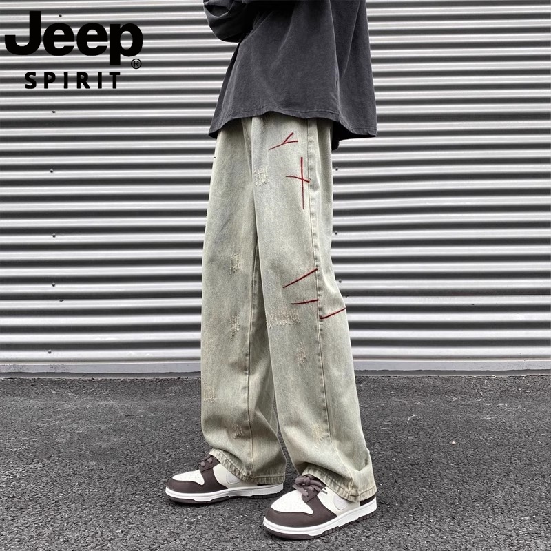 Jeep Spirit Men's Jeans Autumn American High Street Retro Distressed Straight Loose Pants Trendy Jeep Spirit Men's Jeans Autumn American High Street Retro Distressed Straight Loose Pants Trendy