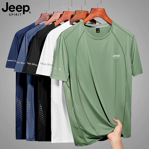 Jeep, дышащая быстросохнущая спортивная шелковая футболка с коротким рукавом для отдыха, оверсайз, круглый воротник