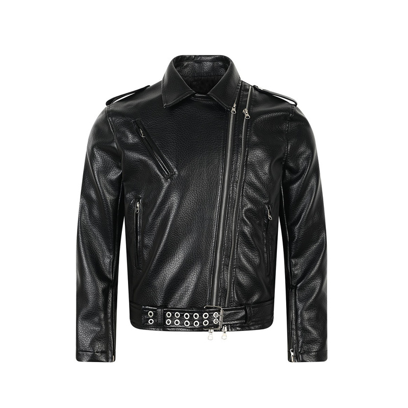 Goinsk Vintage Double-Zip Motorcycle Jacket Textured Rock Leather Jacket Men's Short Lapel Leather Jacket