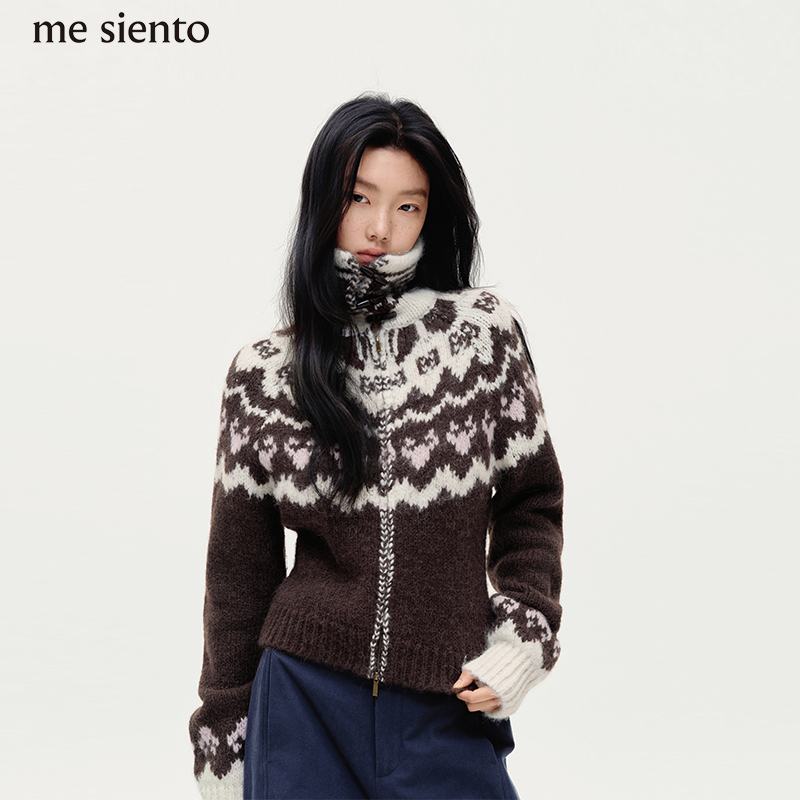 【Celebrity Style】Me Siento 26Ss High-Neck Fair Isle Sweater Double Zipper Knitted Cardigan Slim Fit