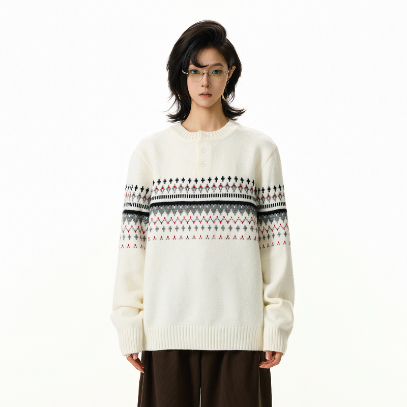 Bflc "Warm Winter" Autumn and Winter Lazy Soft and Cozy Fair Isle Henry Collar Sweater for Men, High-End Niche Knit Sweater
