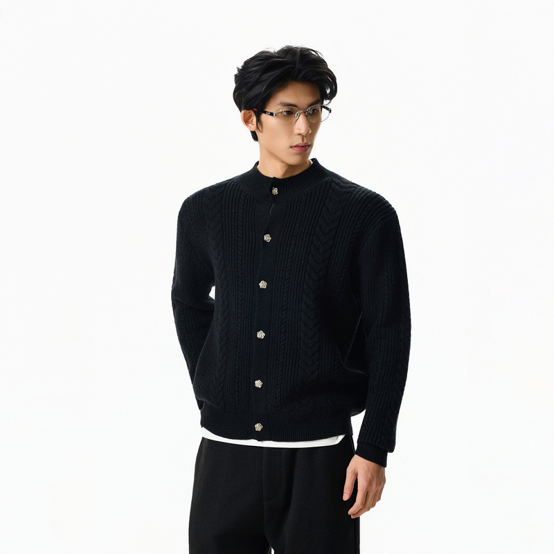 Bflc Retro Old Money Style Coarse Textured "Everlasting Flower" Half-High Collar Regular Shoulder Knit Cardigan Sweater