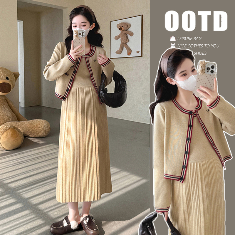 Maternity Autumn Clothing New Style Simple and High-End Knitted Vest Dress Two-Piece Set Autumn Pregnant Mother Elegant Outfit Dress Maternity Autumn Clothing New Style Simple and High-End Knitted Vest Dress Two-Piece Set Autumn Pregnant Mother Elegant Outfit Dress