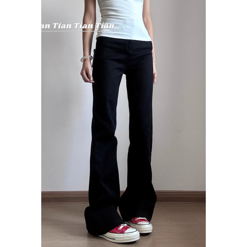 Tian Slimming and Height-Enhancing Tight-Fitting Basic Pure Black Wide-Leg Pants with High Waist and Stretchy Black Flared Pants